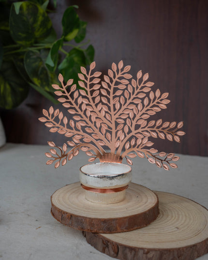 White Metal T-Light Holder with Tree of Prosperity - WL5444