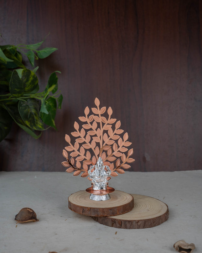 White Metal Ganesha Idol with Tree of Prosperity - Copper - WL5445-1