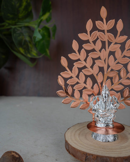 White Metal Ganesha Idol with Tree of Prosperity - Copper - WL5445-1