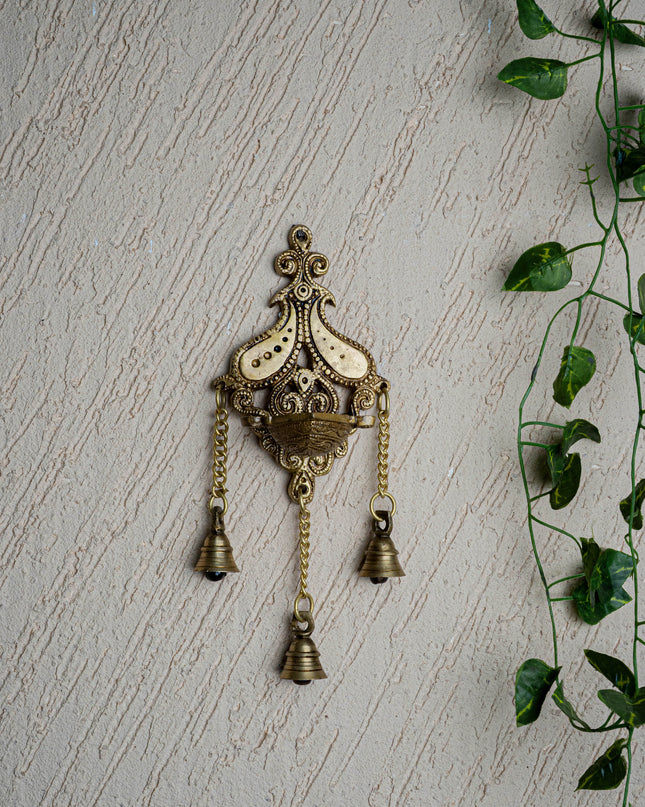 Brass Hanging Diya with 3 Bell - 4 inch - WL5450