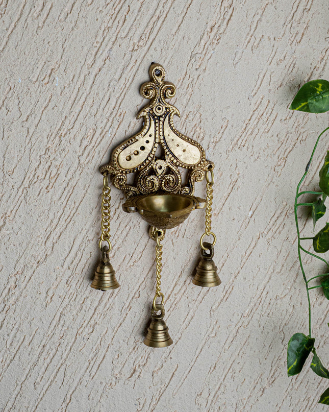 Brass Hanging Diya with 3 Bell - 4 inch - WL5450
