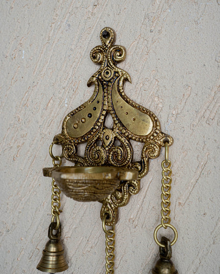 Brass Hanging Diya with 3 Bell - 4 inch - WL5450