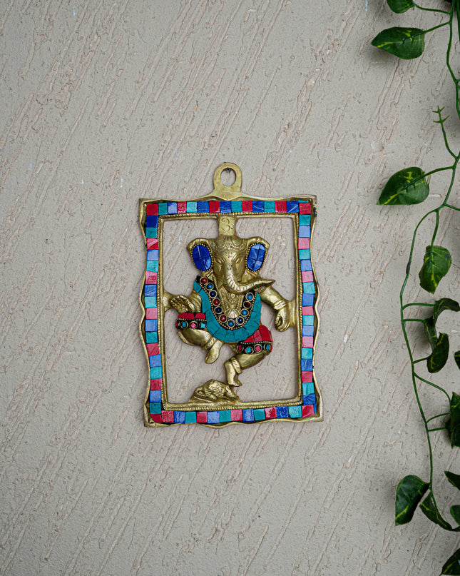 Brass Ganesha Wall Hanging with Stone Work - 9 inch - WL5452