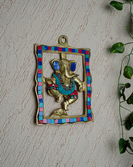 Brass Ganesha Wall Hanging with Stone Work - 9 inch - WL5452