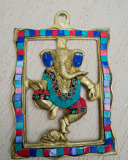 Brass Ganesha Wall Hanging with Stone Work - 9 inch - WL5452