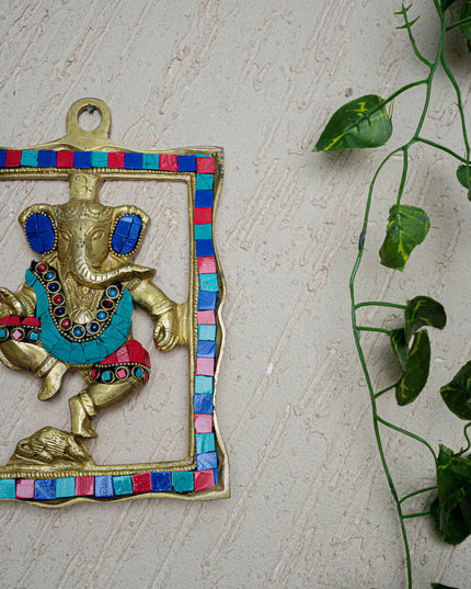 Brass Ganesha Wall Hanging with Stone Work - 9 inch - WL5452