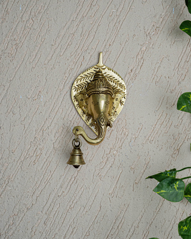 Brass Leaf Ganesha Wall Hanging with Bell - 8 inch - WL5454