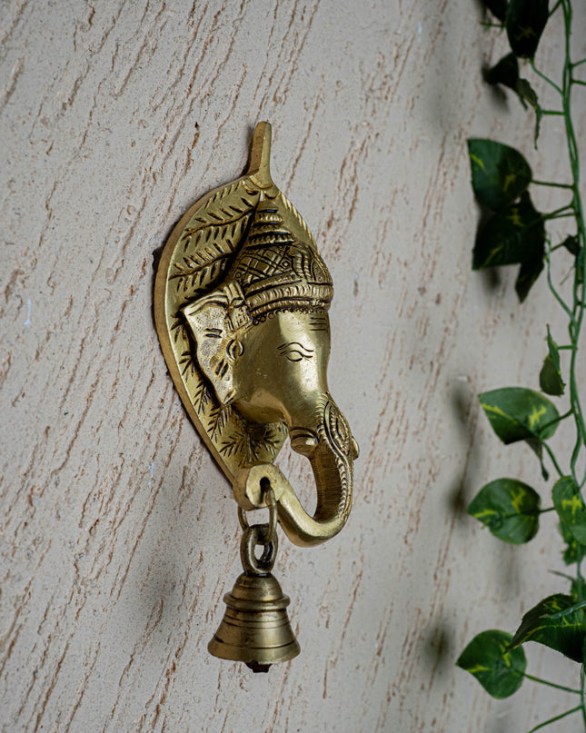 Brass Leaf Ganesha Wall Hanging with Bell - 8 inch - WL5454