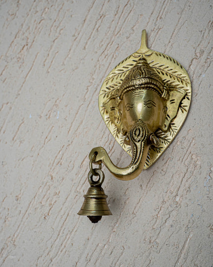 Brass Leaf Ganesha Wall Hanging with Bell - 8 inch - WL5454