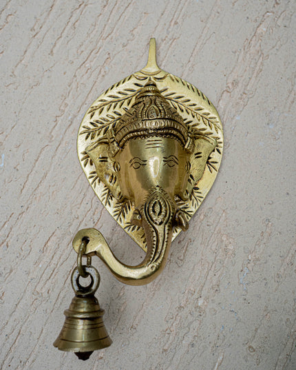 Brass Leaf Ganesha Wall Hanging with Bell - 8 inch - WL5454