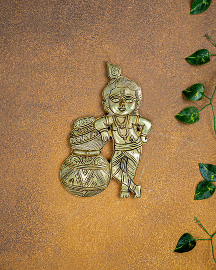 Brass Krishna with Butter Pot Wall Hanging - 9 inch - WL5456