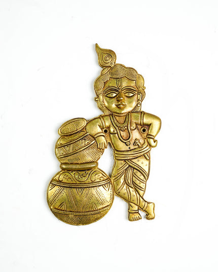 Brass Krishna with Butter Pot Wall Hanging - 9 inch - WL5456