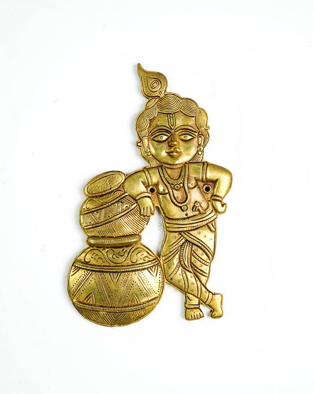 Brass Krishna with Butter Pot Wall Hanging - 9 inch - WL5456