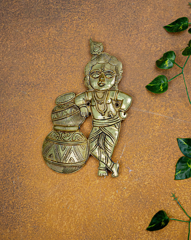 Brass Krishna with Butter Pot Wall Hanging - 9 inch - WL5456