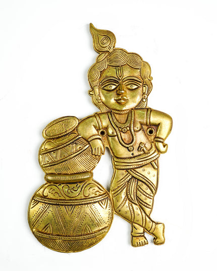 Brass Krishna with Butter Pot Wall Hanging - 9 inch - WL5456