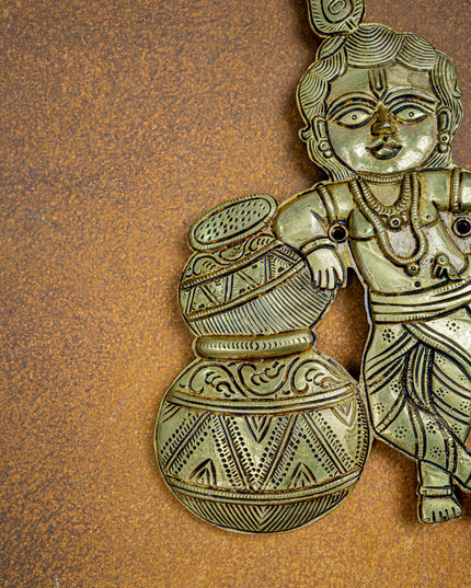 Brass Krishna with Butter Pot Wall Hanging - 9 inch - WL5456