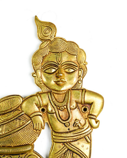 Brass Krishna with Butter Pot Wall Hanging - 9 inch - WL5456