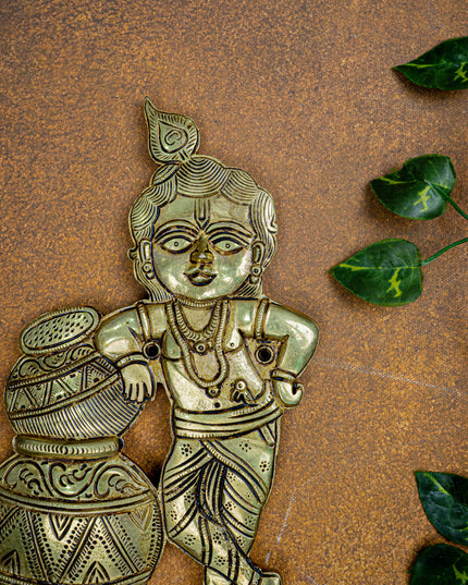Brass Krishna with Butter Pot Wall Hanging - 9 inch - WL5456