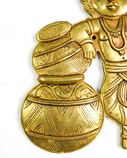 Brass Krishna with Butter Pot Wall Hanging - 9 inch - WL5456