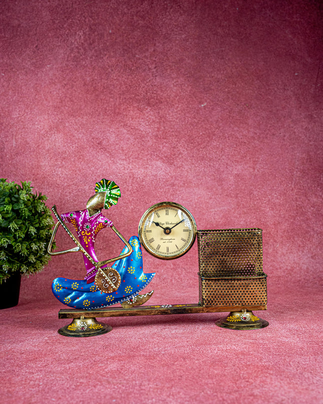 Metal Handpainted Musical Pen Stand with Clock - WL5488