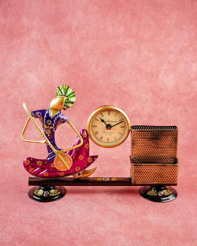 Metal Handpainted Musical Pen Stand with Clock - WL5488