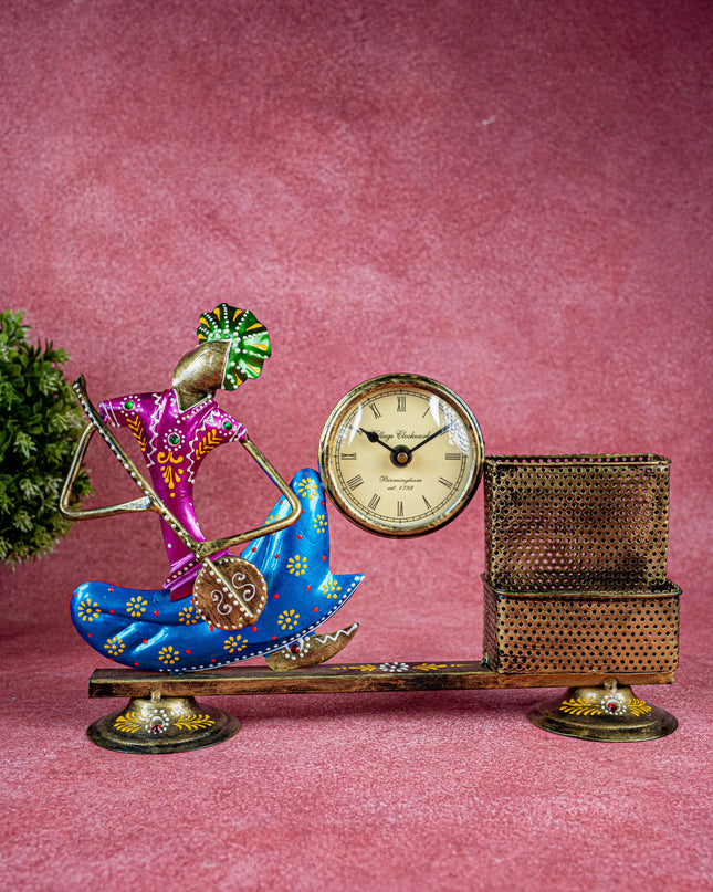 Metal Handpainted Musical Pen Stand with Clock - WL5488