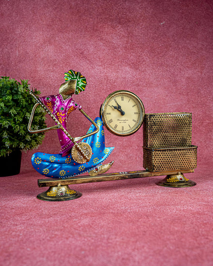 Metal Handpainted Musical Pen Stand with Clock - WL5488