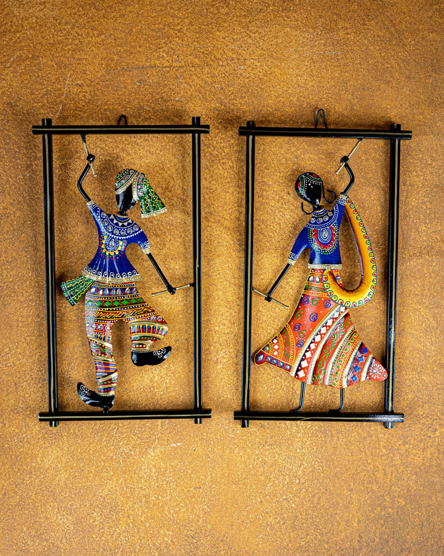 Metal Handpainted Couple Dandiya in Frame - 14 inch - WL5490