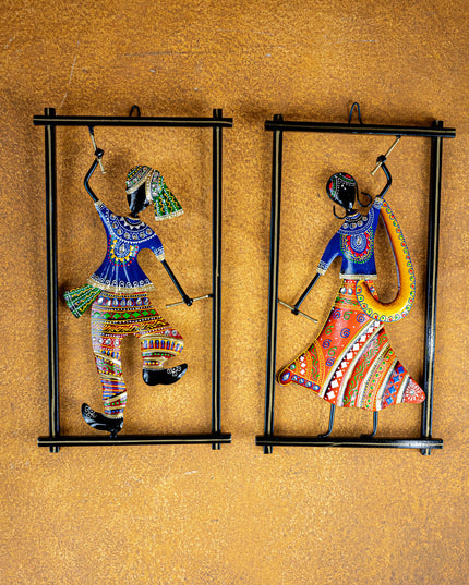 Metal Handpainted Couple Dandiya in Frame - 14 inch - WL5490