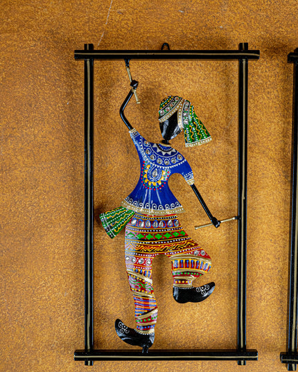 Metal Handpainted Couple Dandiya in Frame - 14 inch - WL5490