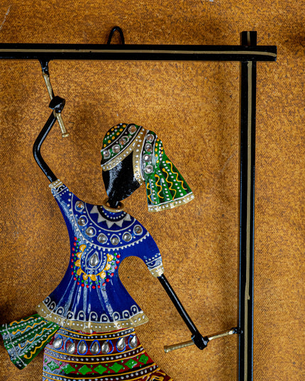 Metal Handpainted Couple Dandiya in Frame - 14 inch - WL5490