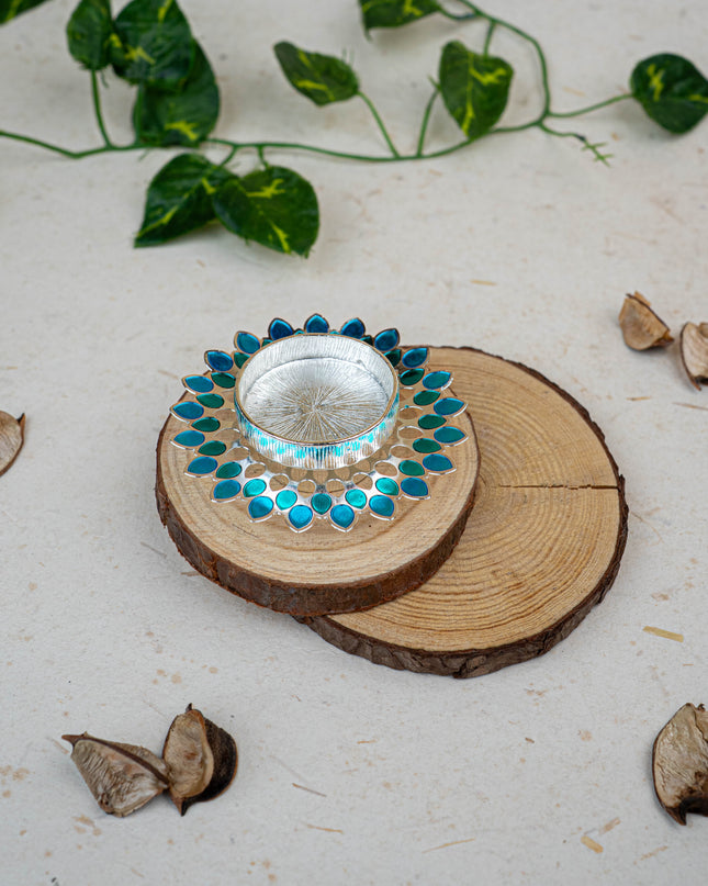 White Metal Designer T-Light Holder - Blue - WL5497-2