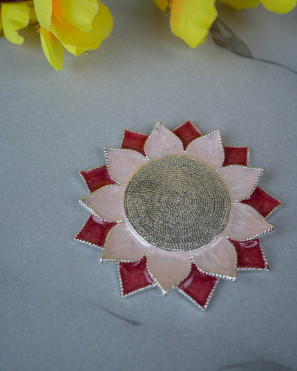 White Metal Floral Coaster for Diya - Pink - WL5498-1