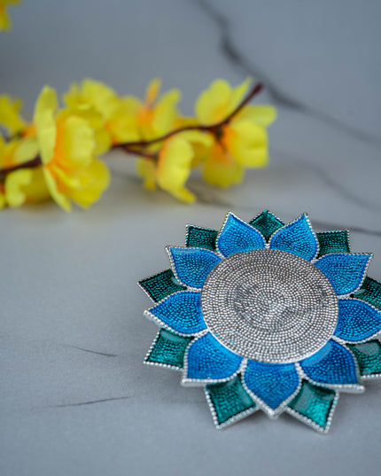 White Metal Floral Coaster for Diya - Blue - WL5498-2