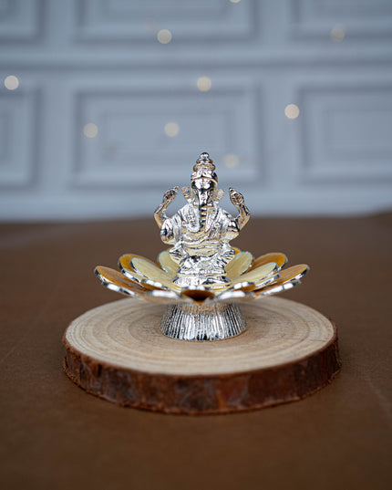 White Metal Lord Ganesha on Floral Base - Beige - WL5499-1