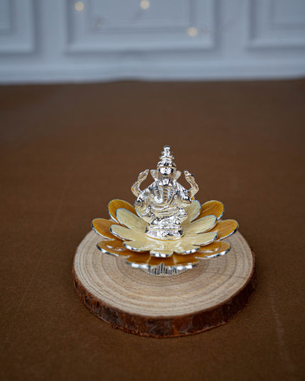 White Metal Lord Ganesha on Floral Base - Beige - WL5499-1