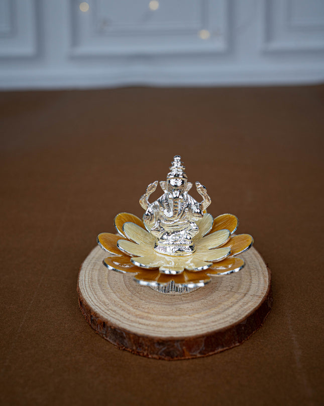 White Metal Lord Ganesha on Floral Base - Beige - WL5499-1