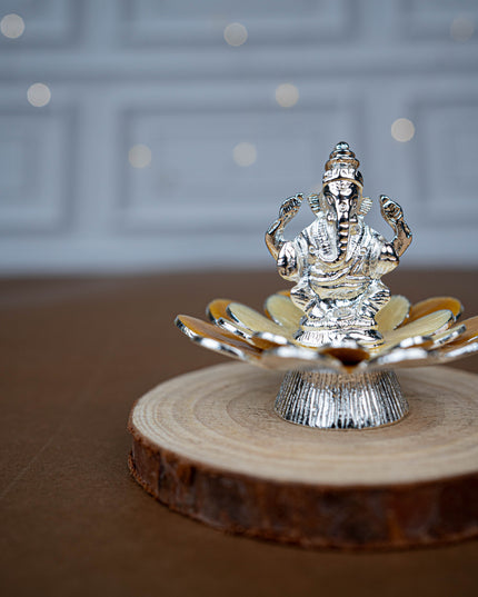 White Metal Lord Ganesha on Floral Base - Beige - WL5499-1