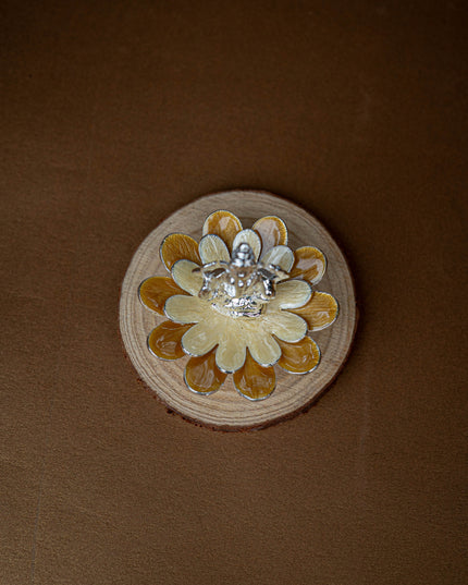 White Metal Lord Ganesha on Floral Base - Beige - WL5499-1