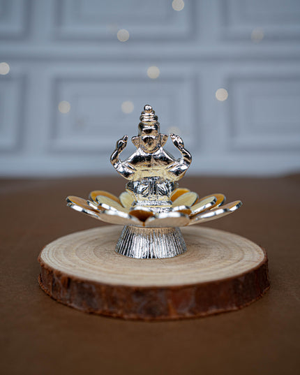 White Metal Lord Ganesha on Floral Base - Beige - WL5499-1