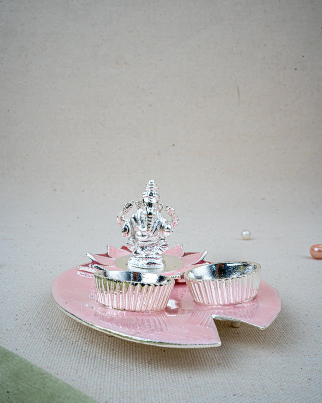 White Metal Ganesha Manjal-Kumkum Holder - Pink - WL5500-1