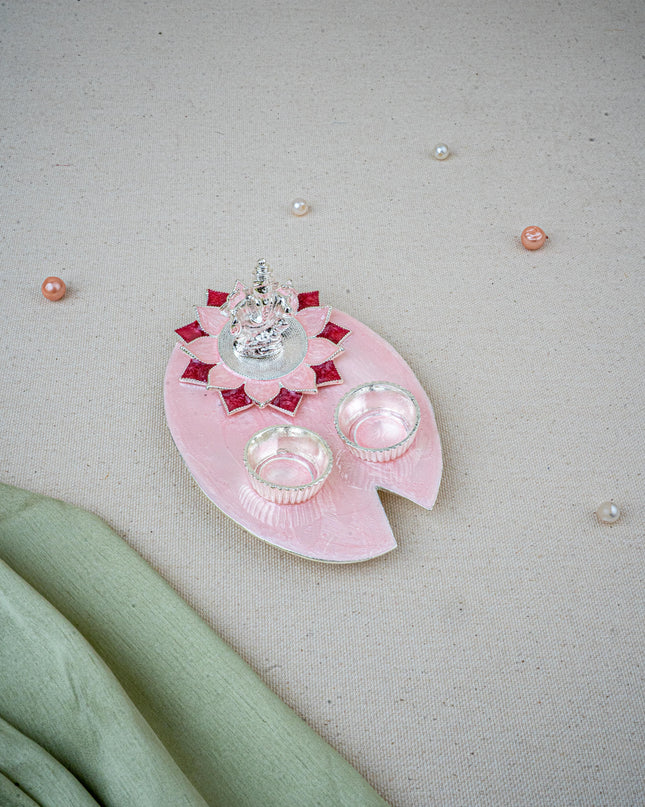White Metal Ganesha Manjal-Kumkum Holder - Pink - WL5500-1