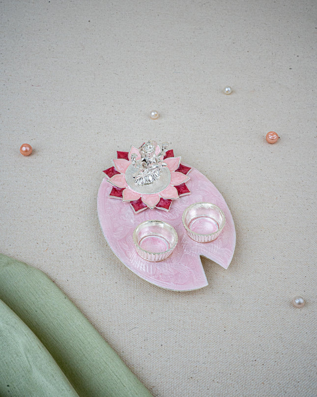 White Metal Lakshmi Manjal-Kumkum Holder - Pink - WL5500-2