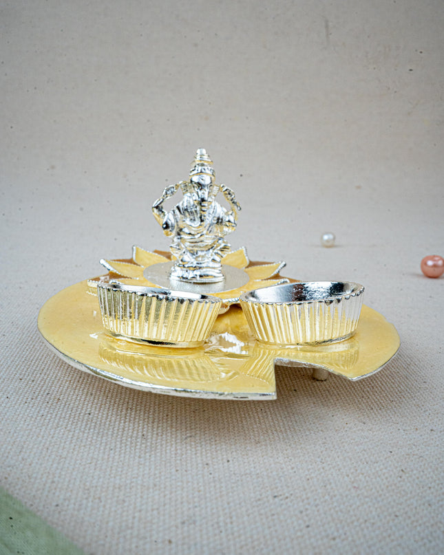 White Metal Ganesha Manjal-Kumkum Holder - Beige - WL5501-1