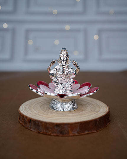 White Metal Lord Ganesha on Floral Base - Pink - WL5502-1