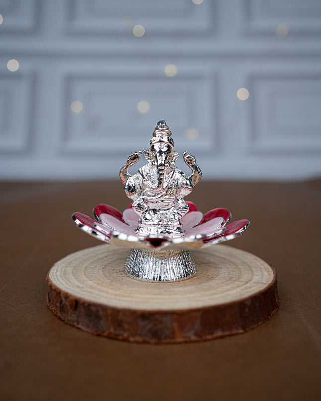 White Metal Lord Ganesha on Floral Base - Pink - WL5502-1