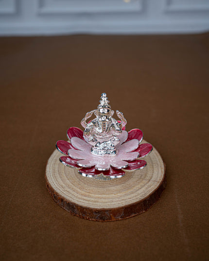 White Metal Lord Ganesha on Floral Base - Pink - WL5502-1