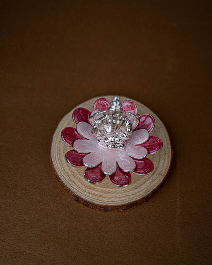 White Metal Lord Ganesha on Floral Base - Pink - WL5502-1