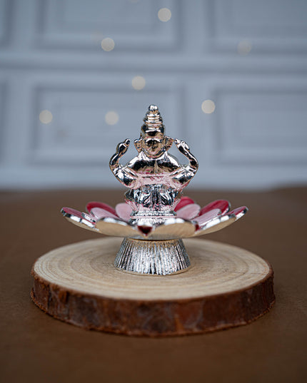 White Metal Lord Ganesha on Floral Base - Pink - WL5502-1