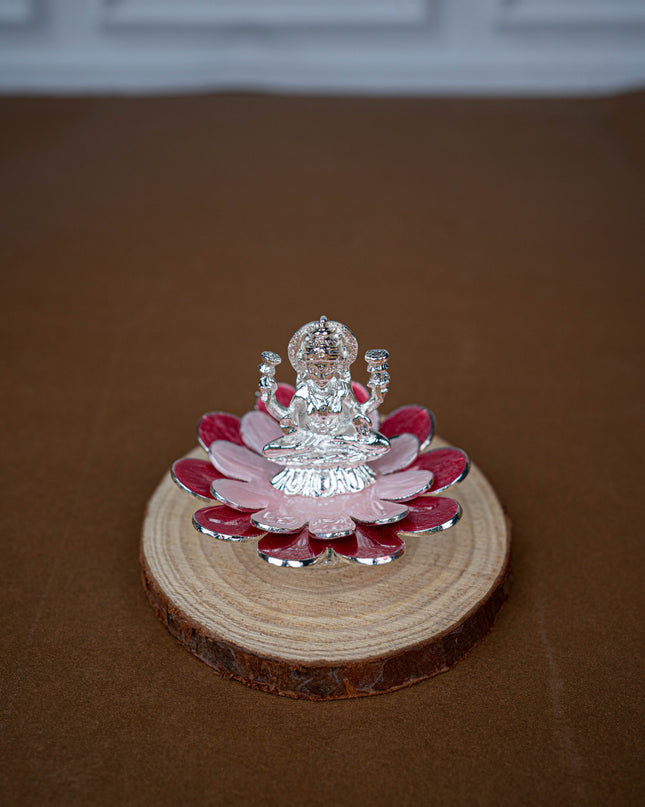 White Metal Lord Lakshmi on Floral Base - Pink - WL5502-2